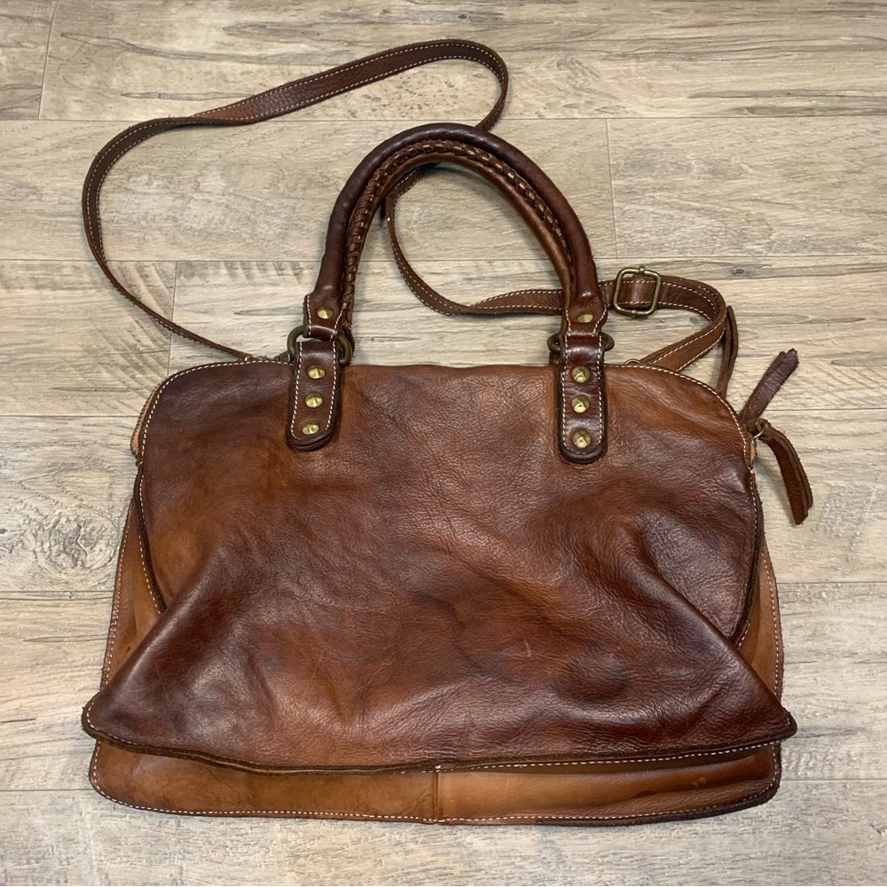Coztanza Rota Italy Brown Leather Crossbody Studded Satchel Bag Compartments - Picture 6 of 13